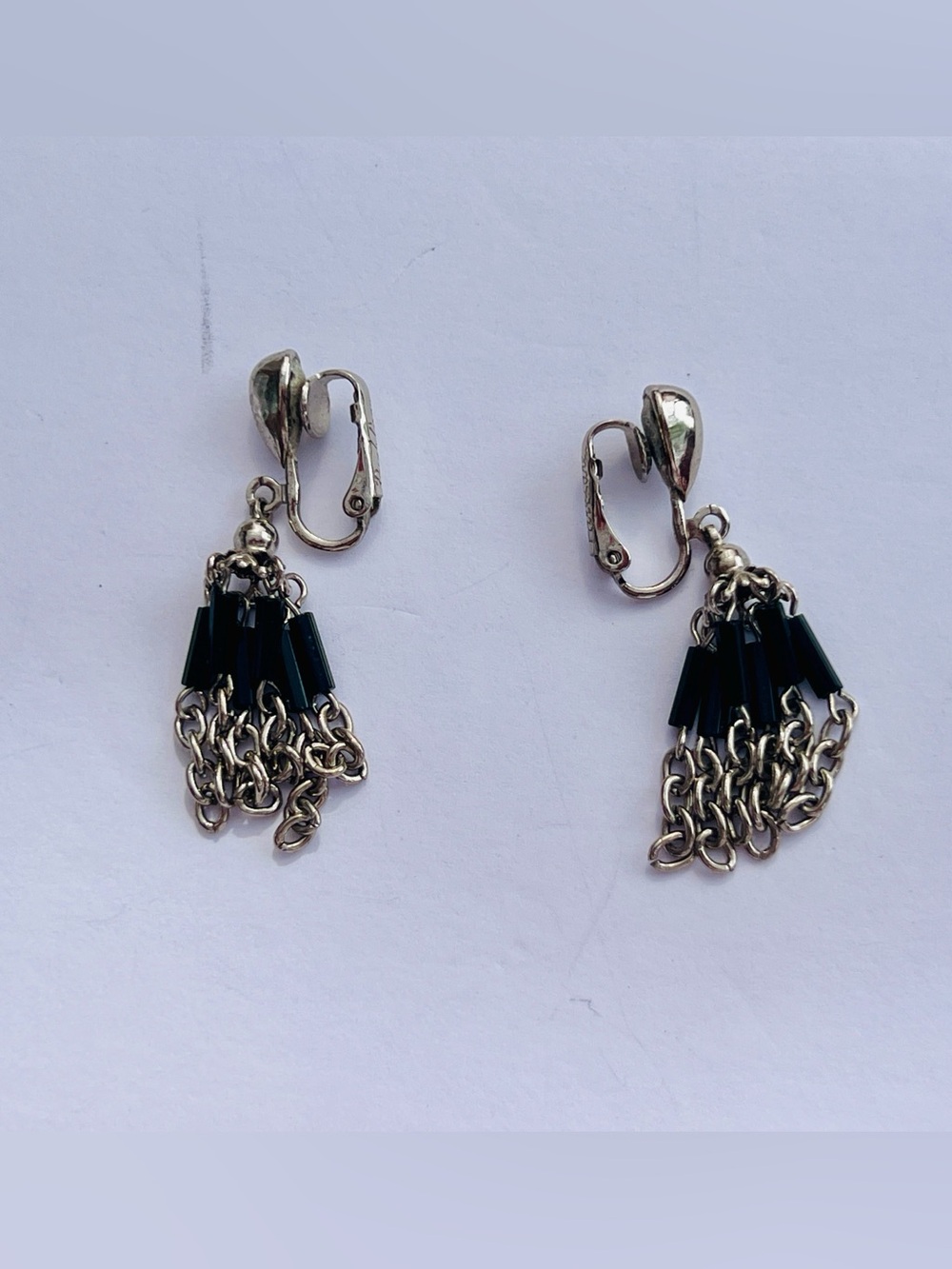 Park Lane | Black Bead Tassel Clip-On Earrings | Silver Tone Vintage